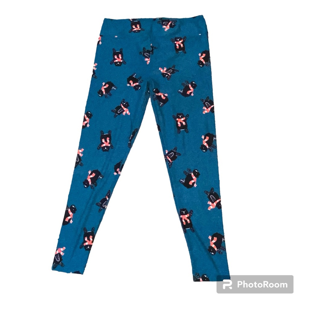 LuLaRoe Blue with black bears wearing scarves print leggings in women’s size TC